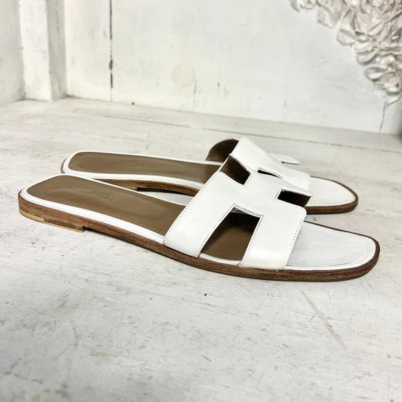 Hermès Leather Oran Slip On Open Toe Flat Slides Sandals White Women's 40.5 / 10 - Picture 6 of 11